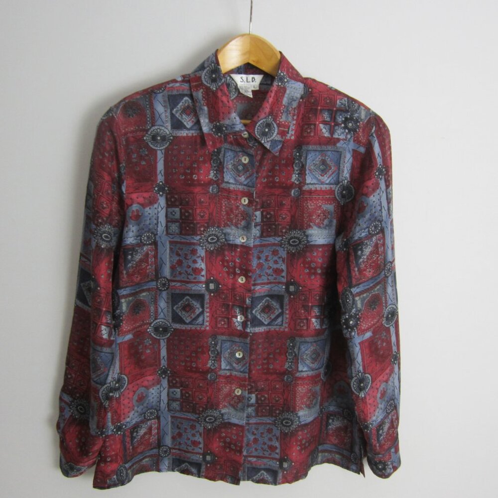 Vtg S.L.B. Womens Large Burgundy Purple Blue Burnout Print LS Silk Blouse Shirt